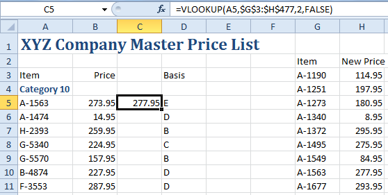 The new price appears in C5
